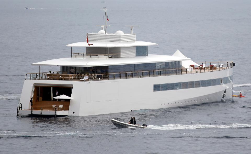 The yacht "Venus", designed by French designer Philippe Starck for Steve Jobs, is moored on July 14, 2013 in Eze on the French riviera. AFP PHOTO / VALERY HACHE (Photo credit should read VALERY HACHE/AFP via Getty Images)