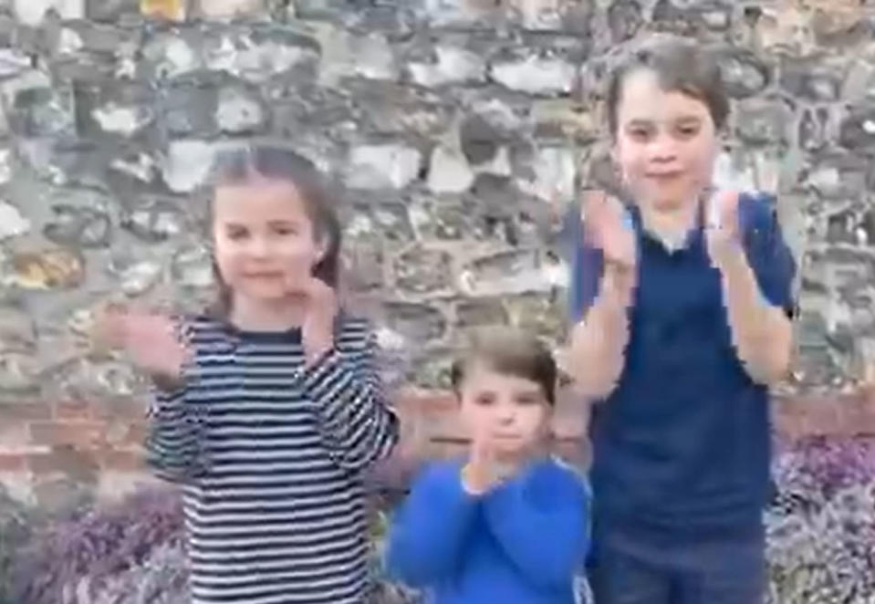 Picture from Kensington Palace Twitter feed showing Princes George (right), Louis (centre) and Princess Charlotte joining in a national applause for the NHS as people across the country showed their appreciation for all NHS workers who are helping to fight the coronavirus.