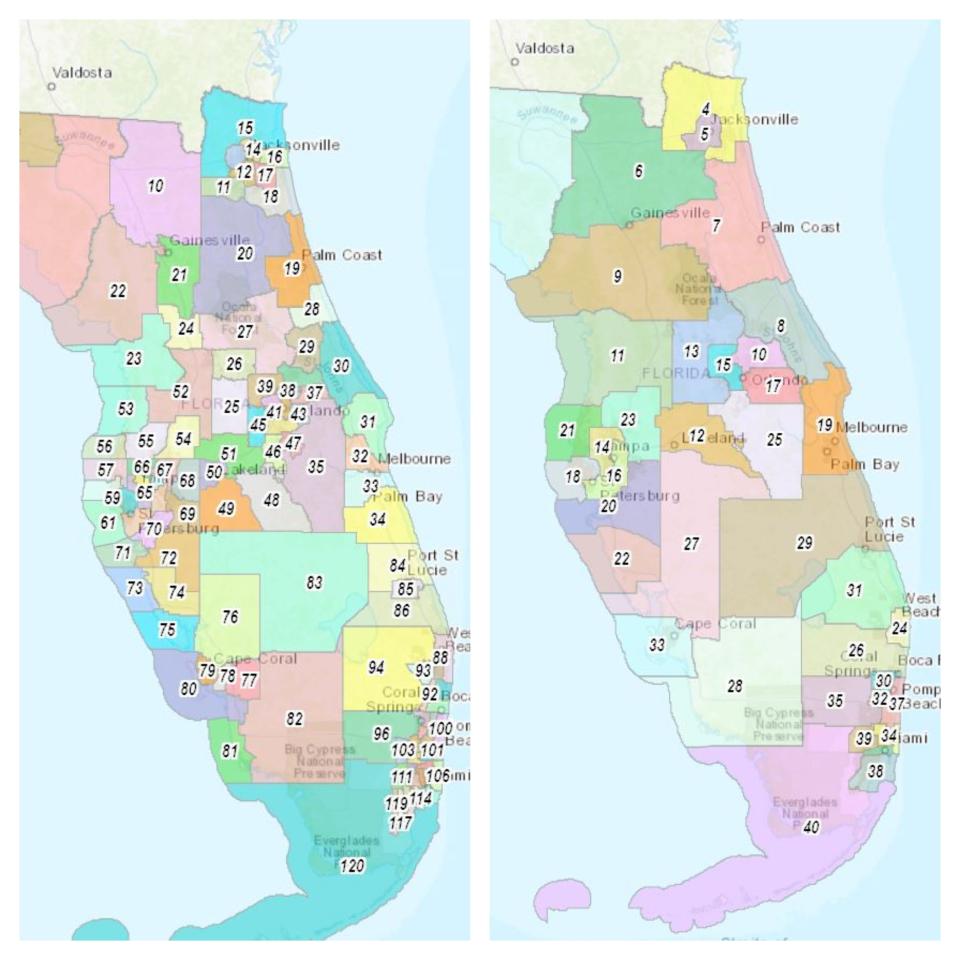 New redistricting maps for the Florida House, left, and the Florida Senate, right, were approved by the Florida Supreme Court after a review.