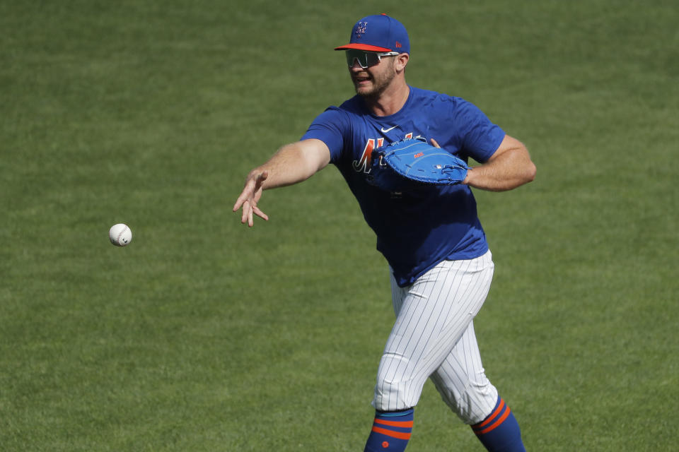 New York Mets first baseman Pete Alonso participates in a baseball workout at Citi Field, Sunday, July 5, 2020, in New York. (AP Photo/Seth Wenig)