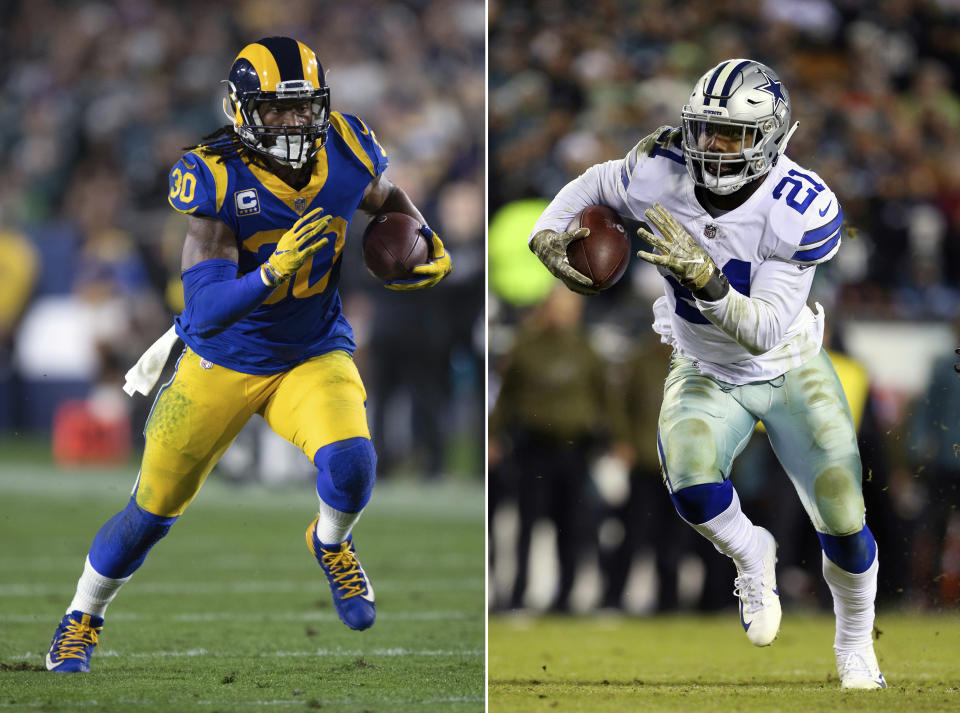 FILE - At left, in a Dec. 16, 2018, file photo, Los Angeles Rams running back Todd Gurley sprints in an NFL football game against the Philadelphia Eagles, in Los Angeles. At right, in a Nov. 11, 2018, file photo, Dallas Cowboys running back Ezekiel Elliott (21) runs against the Philadelphia Eagles during an NFL football game, in Philadelphia. Gurley is a big football fan, and Elliott is one of his favorite players. The good feelings are mutual heading into the Cowboys' playoff visit to the Rams and a showdown between the NFL's two premiere running backs. (AP Photo/File)