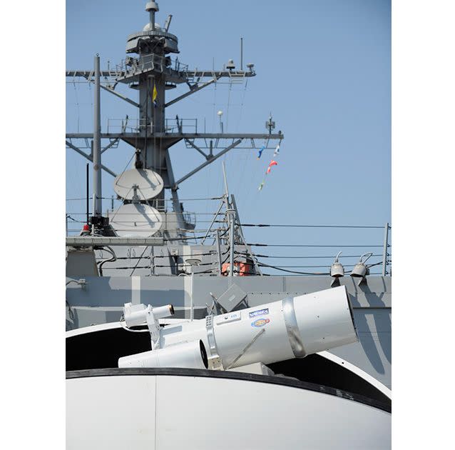 The Office of Naval Research's Solid State Laser (SSL) portfolio includes LaWS development and upgrades providing a quick reaction capability for the fleet with an affordable SSL weapon prototype. This capability provides Navy ships a method for Sailors to easily defeat small boat threats and aerial targets without using bullets. Photo: US Navy.