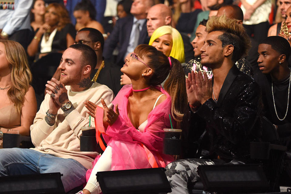 Mac Miller, Ariana Grande, and Frankie Grande sit together at the 2016 MTV Video Music Awards on Aug. 28, 2016, in New York City. (Photo: Larry Busacca/MTV1617/Getty Images for MTV)