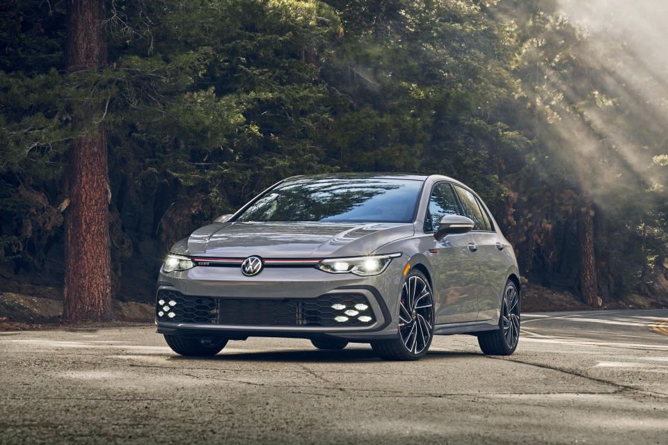 This photo provided by Volkswagen shows the 2022 Volkswagen GTI, a four-door hatchback with subtle yet sporty looks that produces 241 horsepower. (Courtesy of Volkswagen of America via AP)