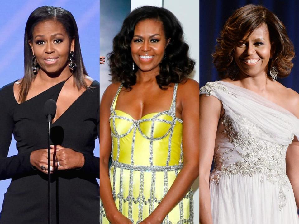 Three images of Michelle Obama wearing dresses.