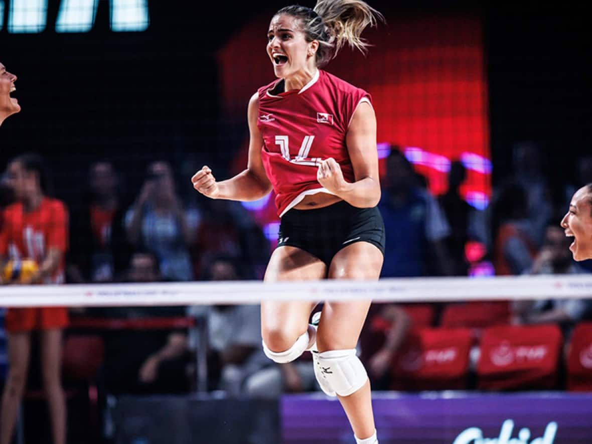 From left: Brie King, Hilary Howe and Alexa Gray react after Canada's 15-12 win in a fifth and deciding set against reigning world champions Serbia on Sunday to finish the first leg of Volleyball Nations League with a 2-2 record in Antalya, Turkey. (Courtesy Volleyball Nations League - image credit)