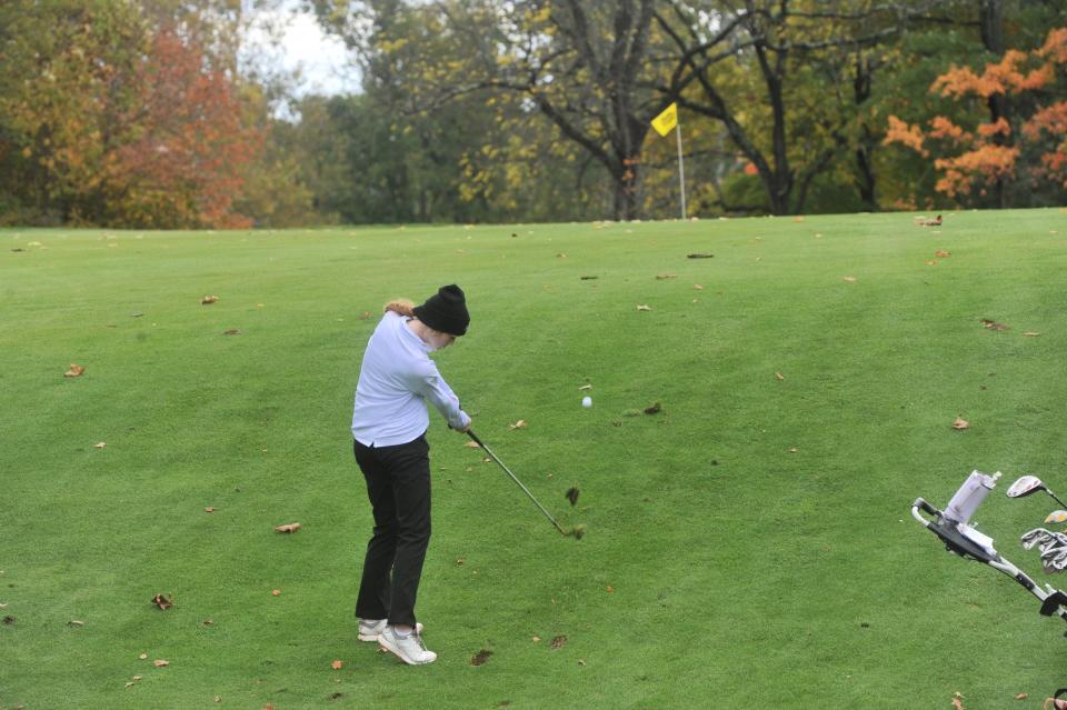 Colonel Crawford's Claire Lehman pitches onto the green of No. 16 at Ohio State University's Gray Course in the Division II state tournament.