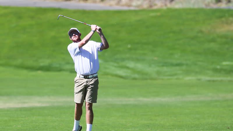 FILE — Mitchell Schow makes a tee shot during the Utah State Amateur finals at Jeremy Ranch Golf & Country Club in Park City on Saturday, Sept. 5, 2020.