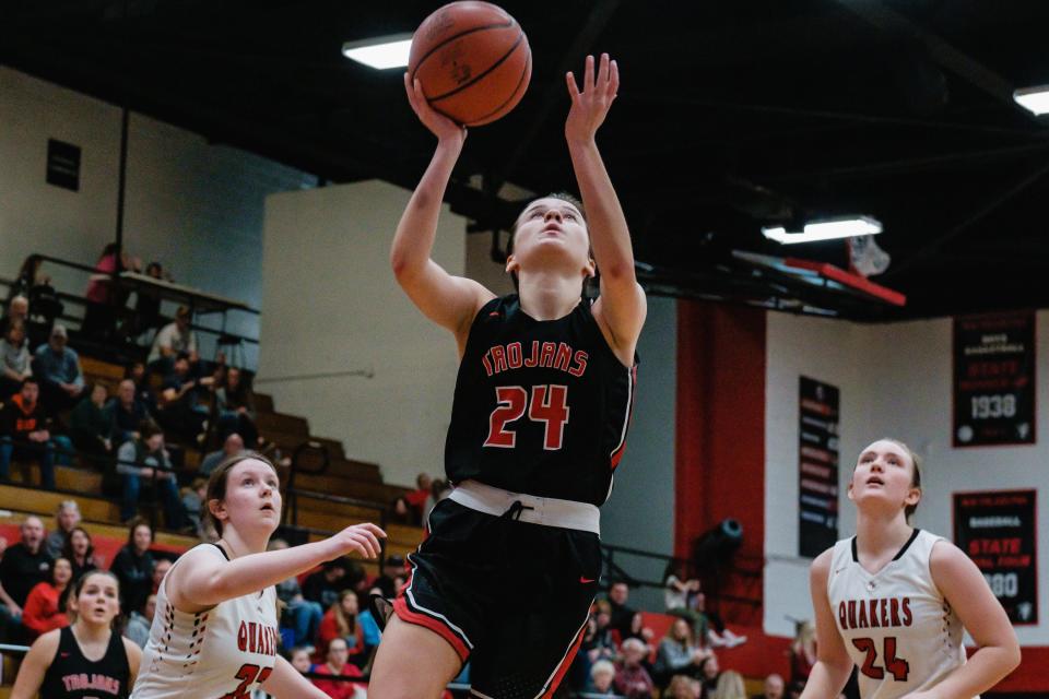 Tusky Valley's Kaleigh Norris looks to put up two points against New Philadelphia, Wednesday, Feb. 8.