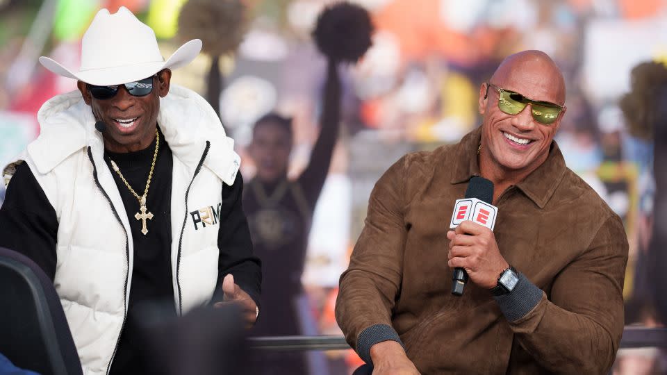 Deion Sanders and celebrity guest Dwayne "The Rock" Johnson on the set of ESPN's "College GameDay" prior to the game between the Colorado Buffaloes and the Colorado State Rams on September 16 in Boulder, Colorado. - Andrew Wevers/USA Today Sports/Reuters