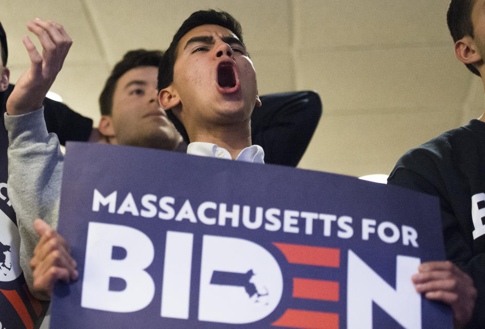 QUINCY, MA - MARCH 3:  Supporters cheer as Joe Biden takes the stage during the 2020 Presidential Primary at The Fours in Quincy, MA on March 3, 2020.  (Photo by Blake Nissen for The Boston Globe via Getty Images)