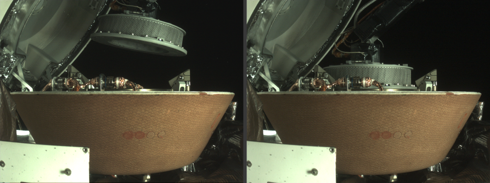 In-space photos show the OSIRIS-REx Touch-And-Go Sample Acquisition Mechanism (TAGSAM) arm being stowed onto the capture ring in the Sample Return Capsule.