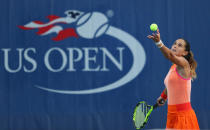 <p>Amandine Hesse of France serves during her first round Women’s Singles match against Shuai Peng of China on Day One of the 2017 US Open at the USTA Billie Jean King National Tennis Center on August 28, 2017 in the Flushing neighborhood of the Queens borough of New York City. (Photo by Richard Heathcote/Getty Images) </p>