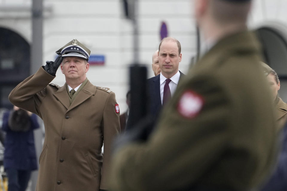 Britain's Prince William arrives to lay a wreath of flowers at the Tomb of the Unknown Soldier in Warsaw, Poland, Thursday, March 23, 2023. (AP Photo/Czarek Sokolowski)