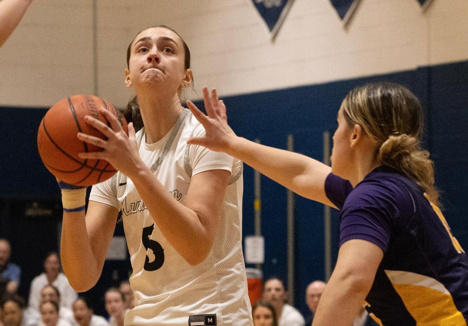 Manasquan Katie Collins pulls up and shoots in first half action. St. Rose Girls Basketball vs Manasquan SCT Quarterfinal game in Middletown, NJ on February, 10 2024