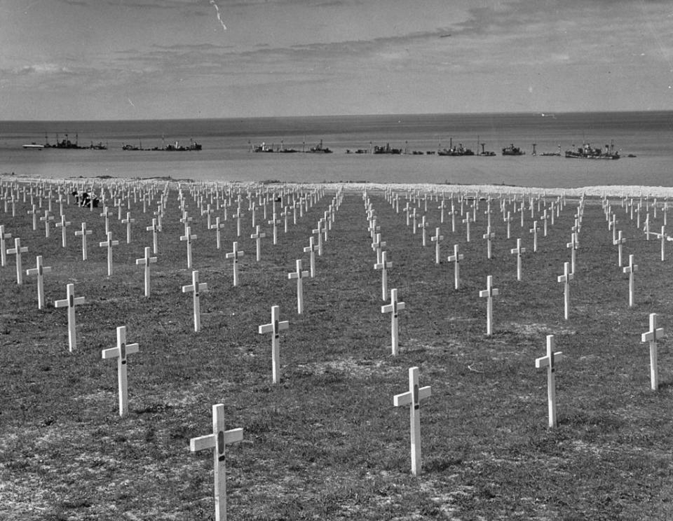 Crosses stand the Allied Military Cemetery at Omaha Beach on the coast of Normandy, one of the locations of the D-Day landing invasion on coast of German-held Europe during WWII. (Photo by Nat Farbman/The LIFE Picture Collection/Getty Images)