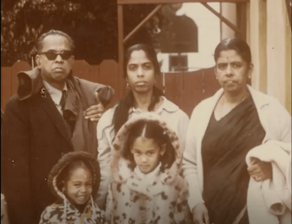 Kamala Harris with her sister Maya Harris, mother Shyamala Gopalan Harris and grandparents PV Gopalan and Rajam.