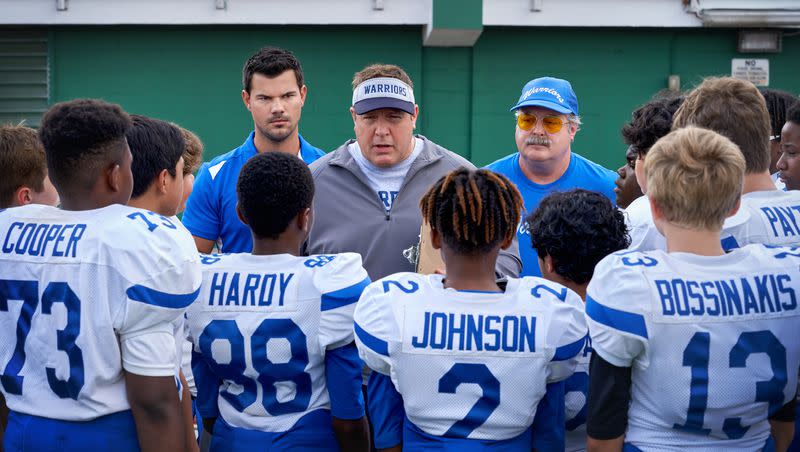 Jacob Perez as Marcos, Taylor Lautner as Troy Lambert, Christopher Farrar as Jason, Kevin James as Sean Payton, Gary Valentine as Mitch Bizone, Manny Magnus as Harlan and Tait Blum as Connor in “Home Team.” 