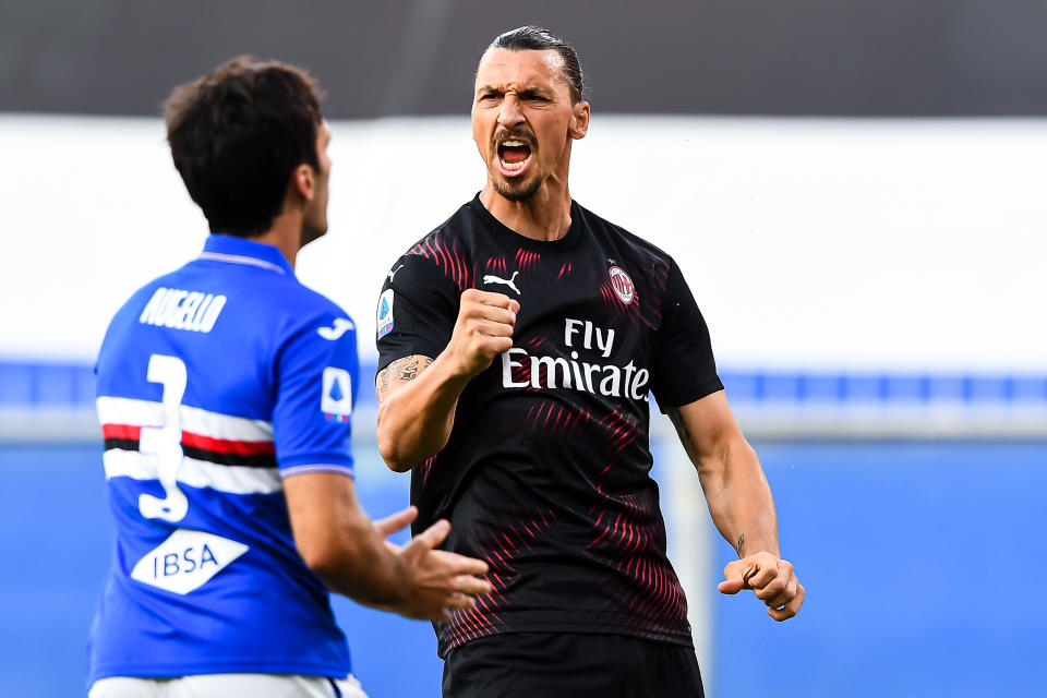 Zlatan Ibrahimovic celebrates after scoring a goal.