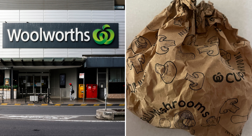 Left image of a Woolworths store front with a large sign above the entrance. Right image of a Woolworths mushroom paper bag.