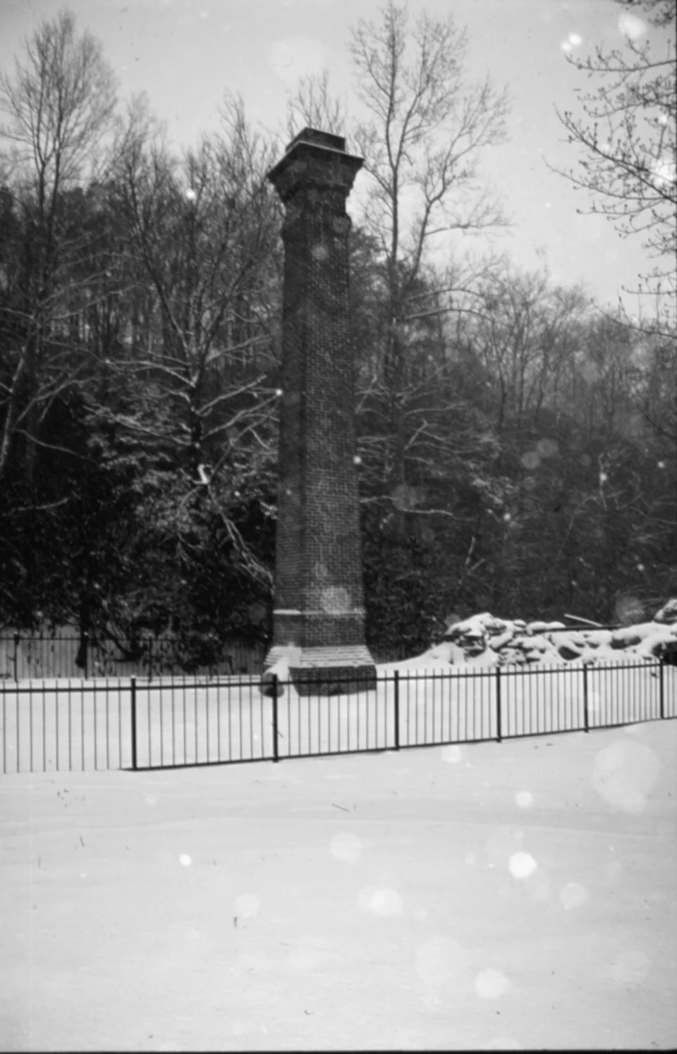 This undated photograph features a snow-covered kiln on the estate of Rafael Guastavino.