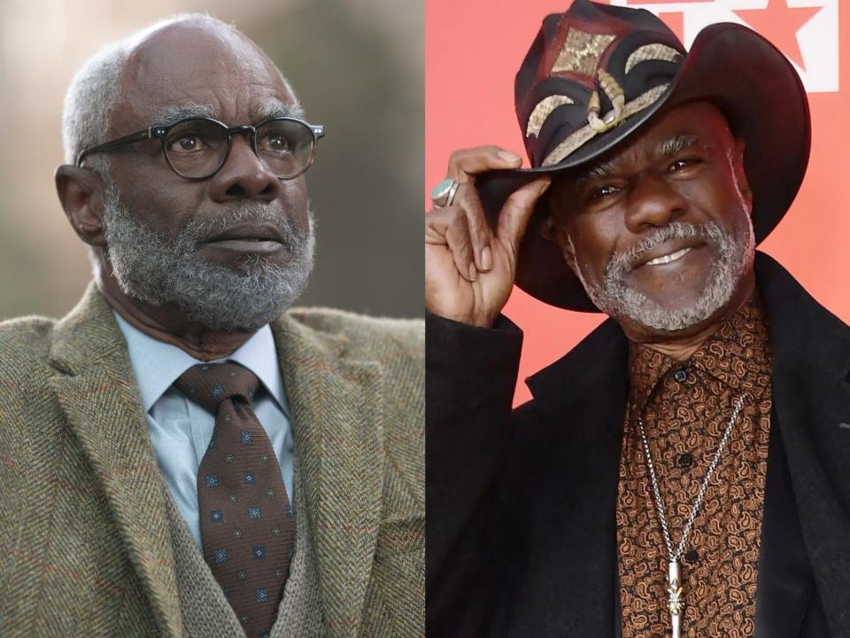 left: chiron in the live action percy jackson, a serios man in glasses and a blazer; right: glynn turman, tipping a large hat and smiling