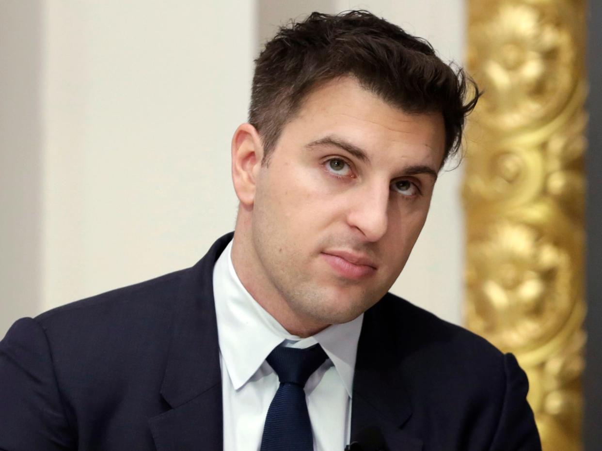 In this Monday, March 13, 2017, photo, Airbnb co-founder and CEO Brian Chesky is interviewed during a luncheon meeting of the Economic Club of New York.