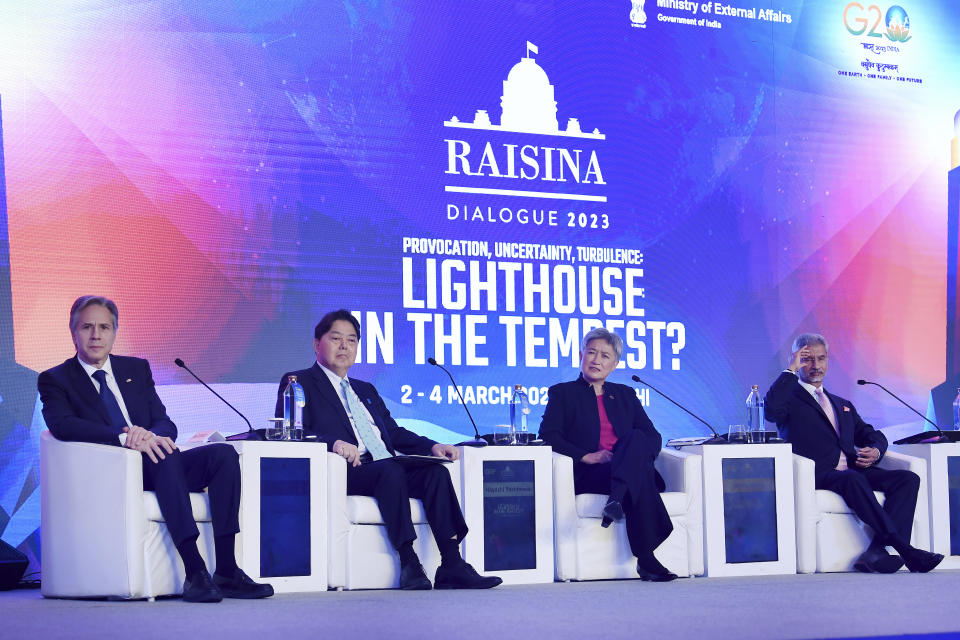 From left, U.S. Secretary of State Antony Blinken, Japanese Foreign Minister Yoshimasa Hayashi, Australian Foreign Minister Penny Wong and Indian Foreign Minister Subrahmanyam Jaishankar participate in a Quad ministers' panel at the Taj Palace Hotel in New Delhi Friday, March 3, 2023. (Olivier Douliery/Pool Photo via AP)