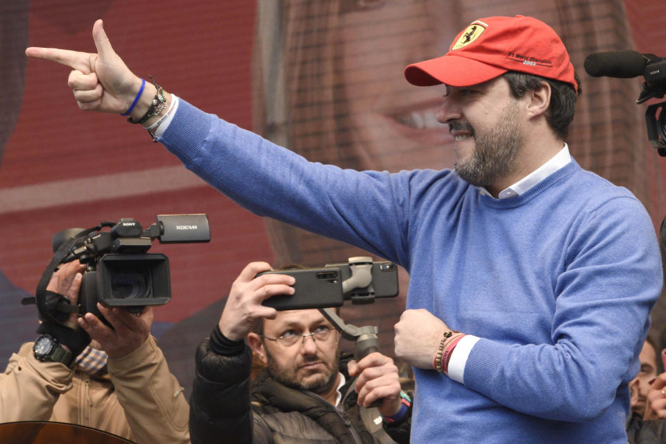 League's leader Matteo Salvini gestures during a campaign rally in view of the upcoming local elections in the Emilia Romagna region, in Maranello, Italy, Saturday, Jan. 18, 2020. (Stefano Cavicchi/LaPresse via AP)