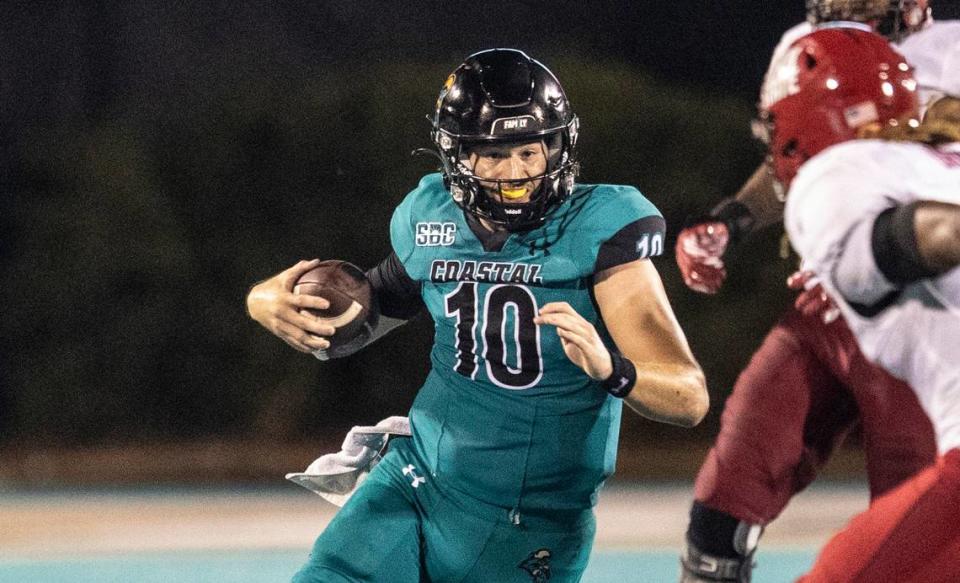 Coastal’s Grayson McCall rushes against Jacksonville State. The Coastal Carolina Chanticleers beat the Jacksonville State Gamecocks 30-16 at CCU’s first home game of the 2023 football season. Sept. 9, 2023.