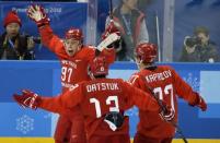 Ice Hockey - Pyeongchang 2018 Winter Olympics - Men Final Match - Olympic Athletes from Russia v Germany - Gangneung Hockey Centre, Gangneung, South Korea - February 25, 2018 - Olympic Athlete from Russia Nikita Gusev reacts after scoring. REUTERS/David W Cerny