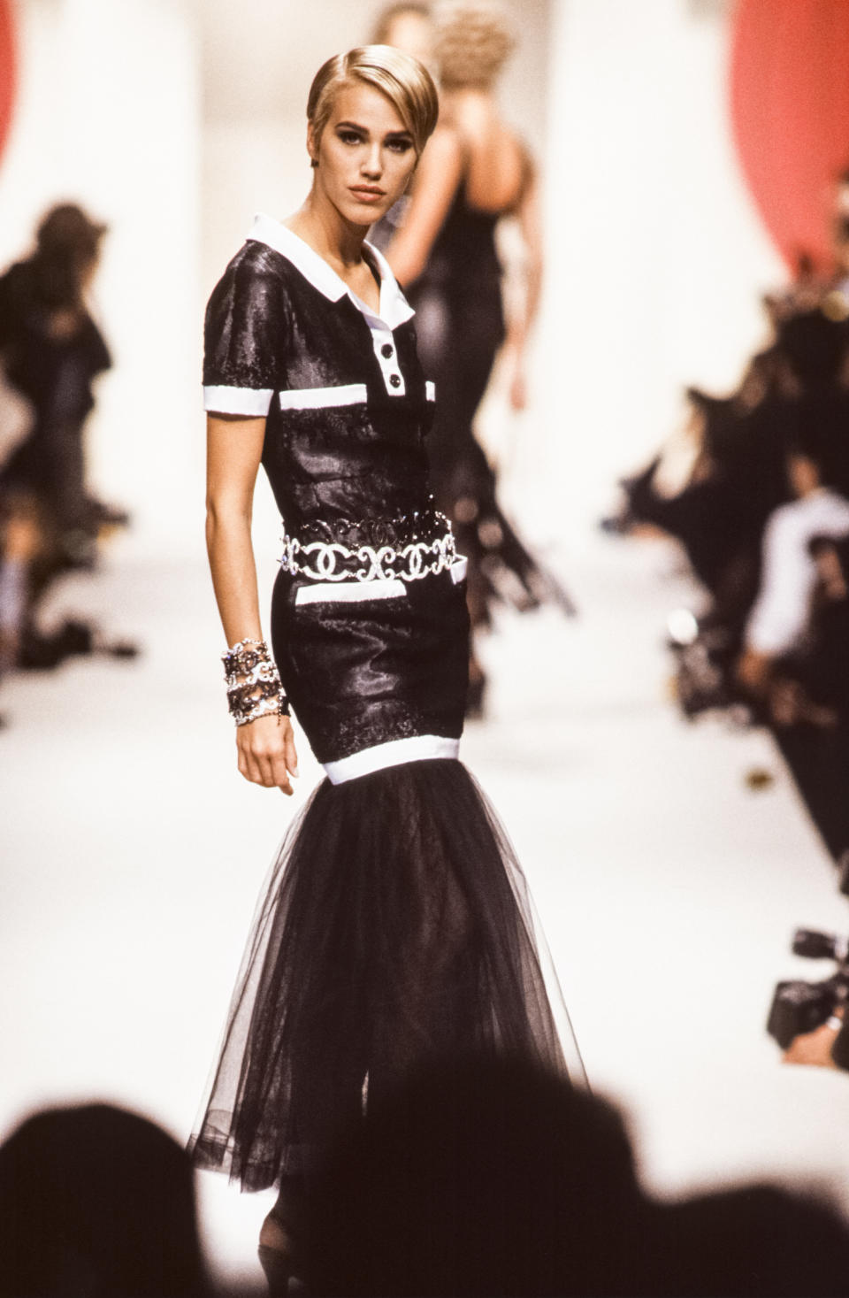 Model Emma Sojberg walks the runway at the Chanel spring/summer couture show in January 1991 in Paris.