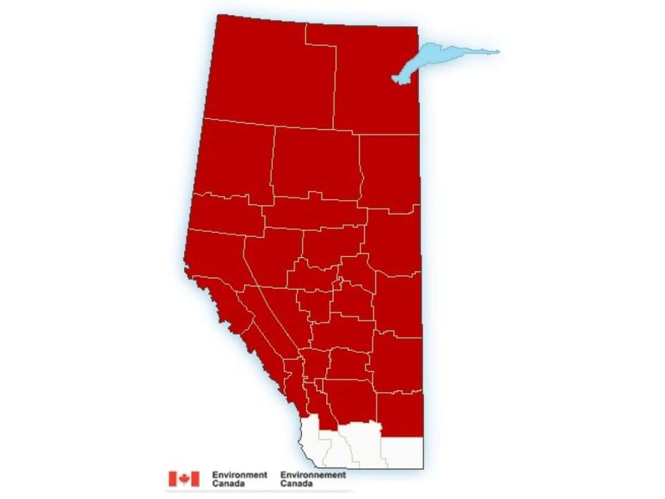 The majority of Alberta falls under cold weather warnings issued Christmas Day. (Environment Canada - image credit)