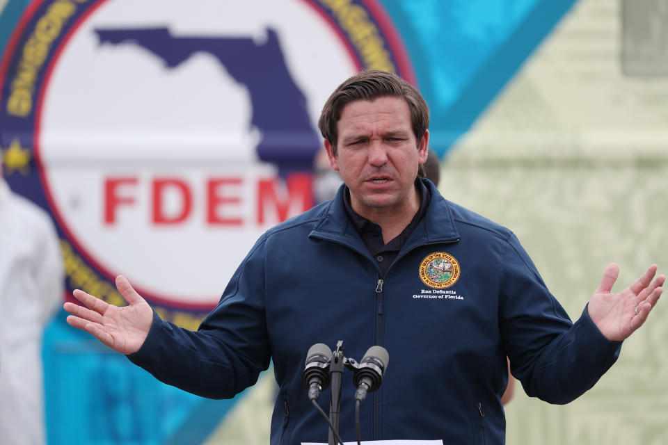 Florida Gov. Ron DeSantis speaks during a press conference at the Hard Rock Stadium testing site on May 06, 2020 in Miami Gardens, Florida. Gov. DeSantis announced during the press conference that a  COVID-19 antibodies test will be available. (Joe Raedle/Getty Images)