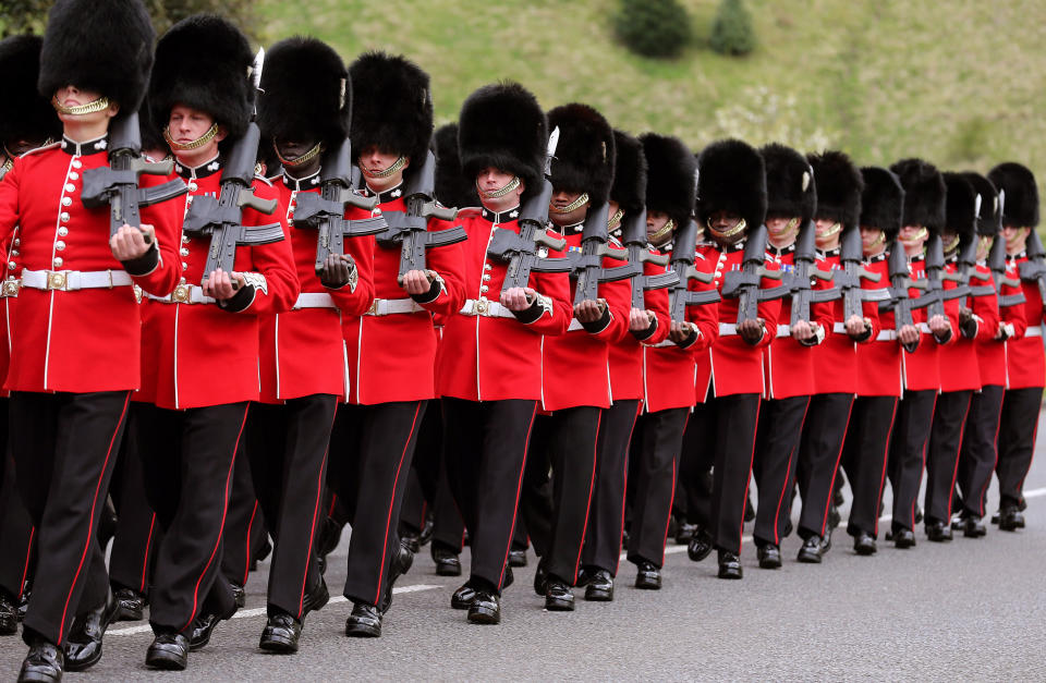 Soldiers from the The Grenadier Guards rehearse at the Palace of Holyrood House in Edinburgh for the arrival of the Lord High Commissioner tomorrow.