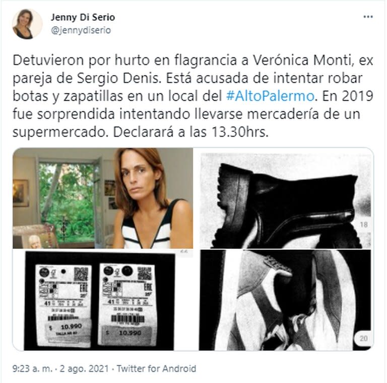 Verónica Monti se habría intentado llevar un par de botas y uno de zapatillas de un comercio del Alto Palermo