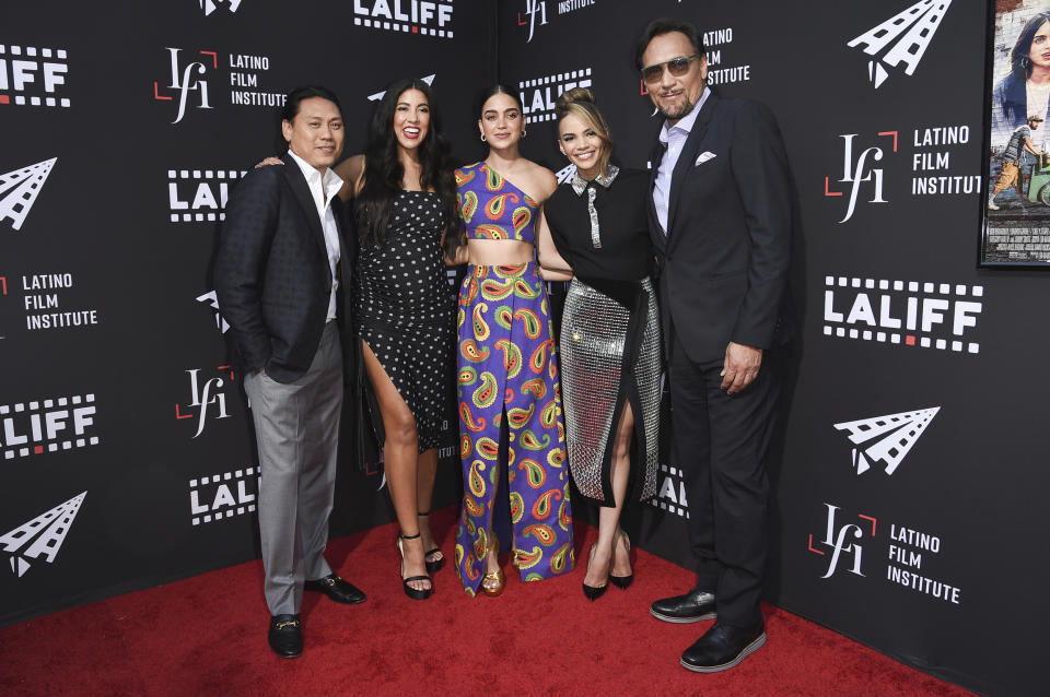 Jon M. Chu, Stephanie Beatriz, Melissa Barrera, Leslie Grace and Jimmy Smits, from left, arrive at a screening of "In the Heights" during the Los Angeles Latino International Film Festival at TCL Chinese Theatre on Friday, June 4, 2021, in Los Angeles. (Photo by Richard Shotwell/Invision/AP)