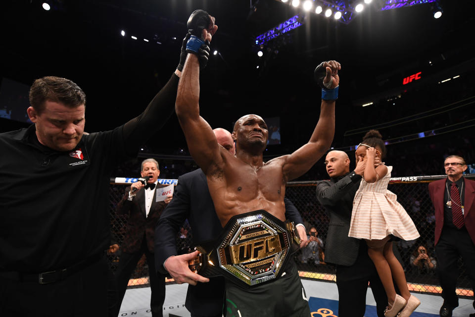 LAS VEGAS, NV - MARCH 02:  Kamaru Usman of Nigeria reacts to his win against Tyron Woodley in their UFC welterweight championship bout during the UFC 235 event at T-Mobile Arena on March 2, 2019 in Las Vegas, Nevada.  (Photo by Jeff Bottari/Zuffa LLC/Zuffa LLC)