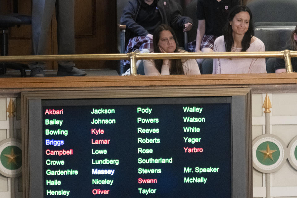 Katy Dieckhaus, mother of Covenant School shooting victim Evelyn Dieckhaus, right, reacts as members of the Senate vote to table an Extreme Risk Protection Order law during a legislative session at the state Capitol, Thursday, April 20, 2023 in Nashville, Tenn. (AP Photo/George Walker IV)