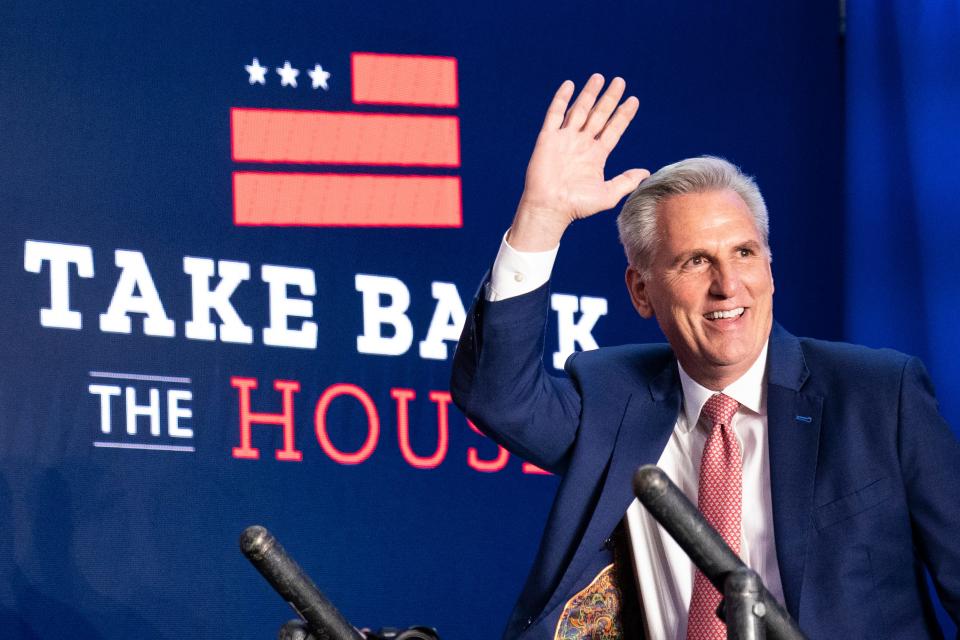 House Minority Leader Kevin McCarthy of Calif., arrives to speak at an event early Wednesday morning, Nov. 9, 2022, in Washington.