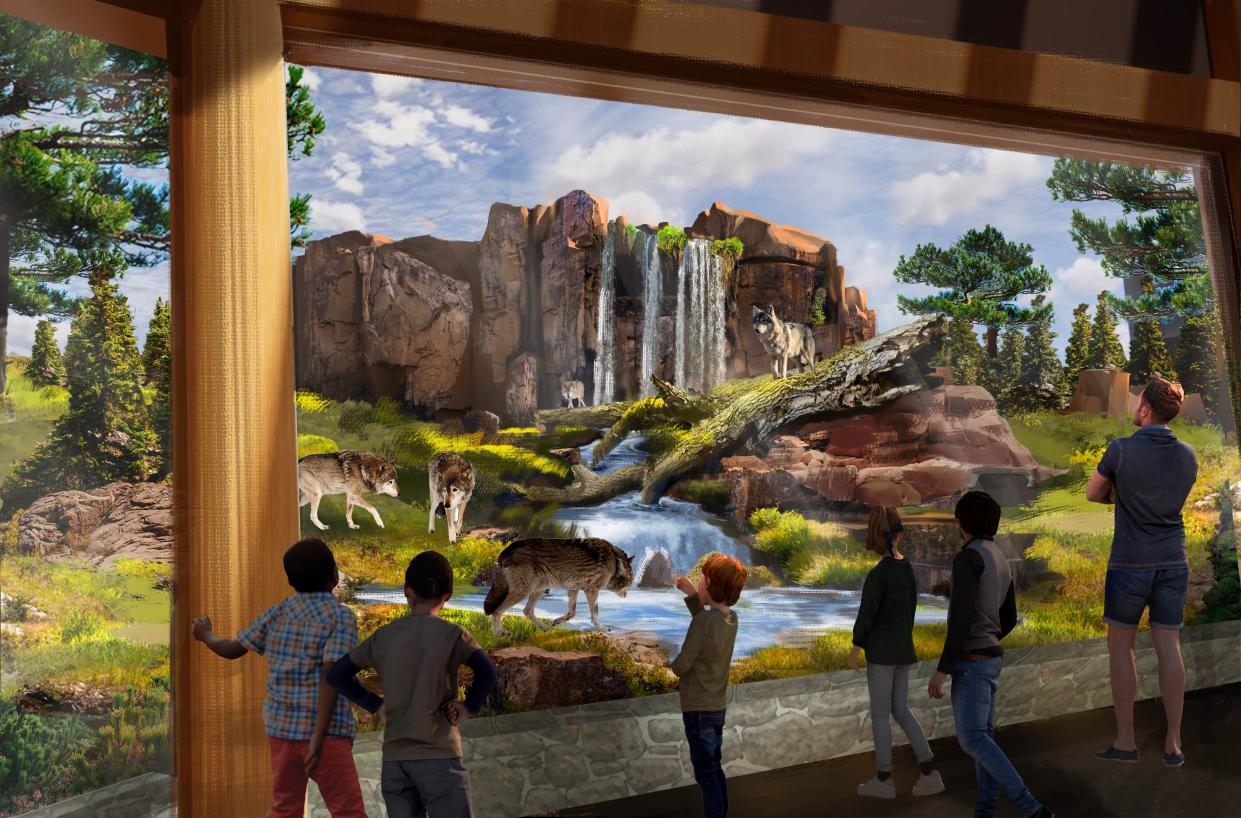 Artist rendering of proposed North America Trek exhibit, a $40 million reconstruction of the Columbus Zoo and Aquarium's oldest area of the zoo. Shown are exhibits for the Mexican Wolves and other species.
(Credit: Columbus Zoo and Aquarium)