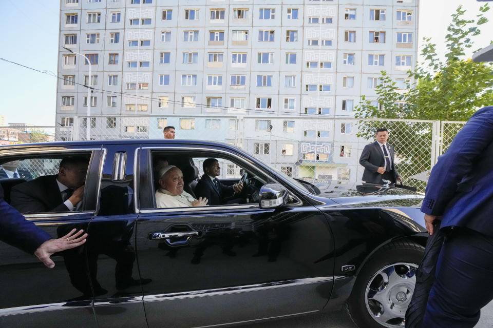 Pope Francis arrives for a meeting with charity workers and for the inauguration of the House of Mercy in Ulaanbaatar, Monday, Sept. 4, 2023. Francis toured the House of Mercy in the final event of an historic four-day visit to a region where the Holy See has long sought to make inroads. (AP Photo/Andrew Medichini)