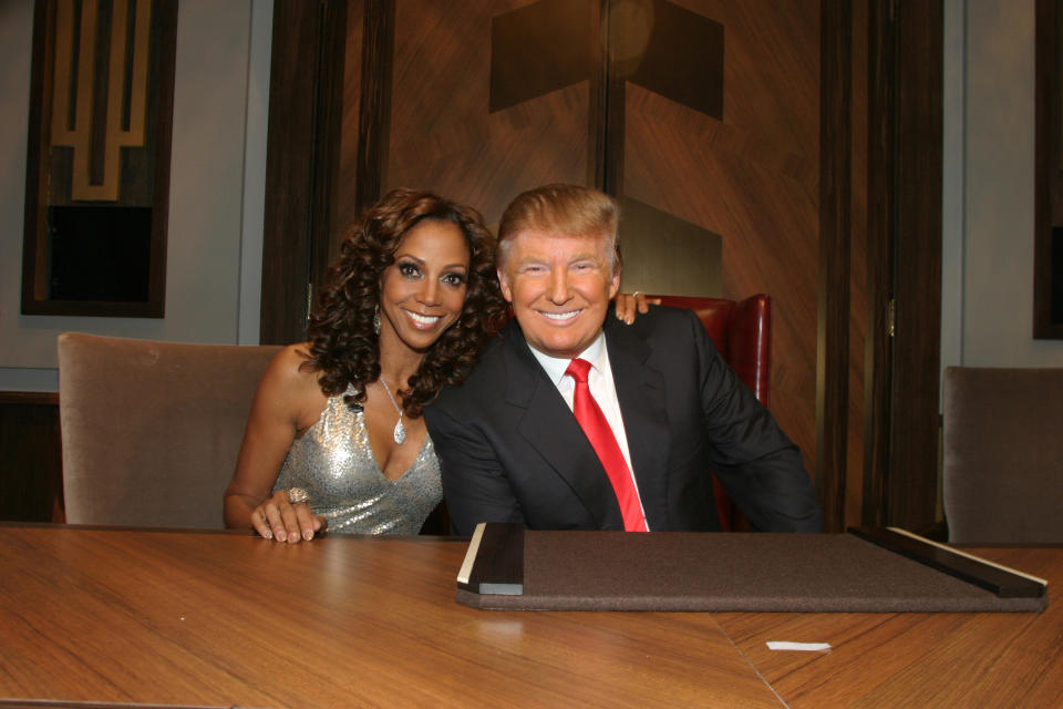 Holly Robinson Peete says President Donald Trump called her the N-word during the finale of The Celebrity Apprentice. Here they are during the final episode on May 16, 2010 in New York City.