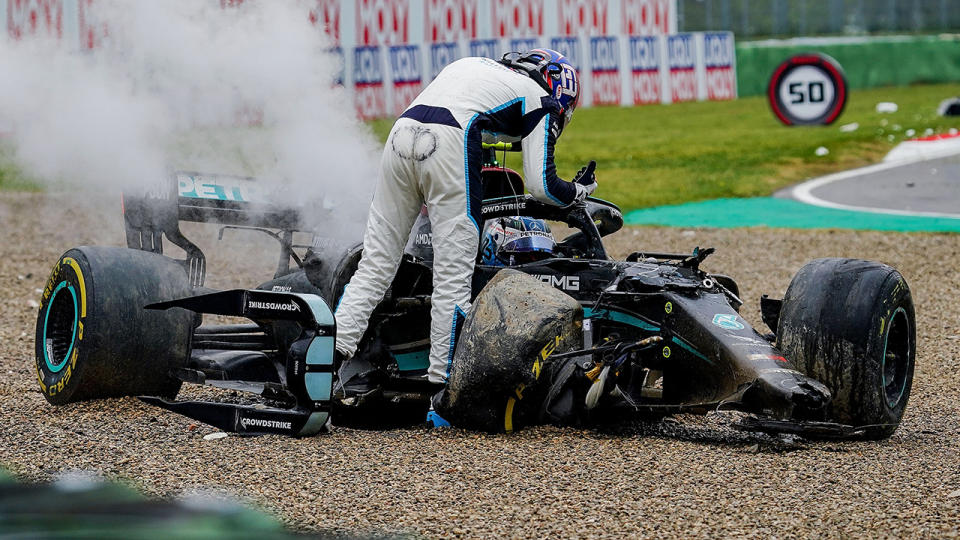 Williams driver George Russell confronted Mercedes rival Vatteri Bottas after the pair crashed out of the Emilia Romagna GP on Sunday. (Photo by Hasan Bratic/picture alliance via Getty Images)