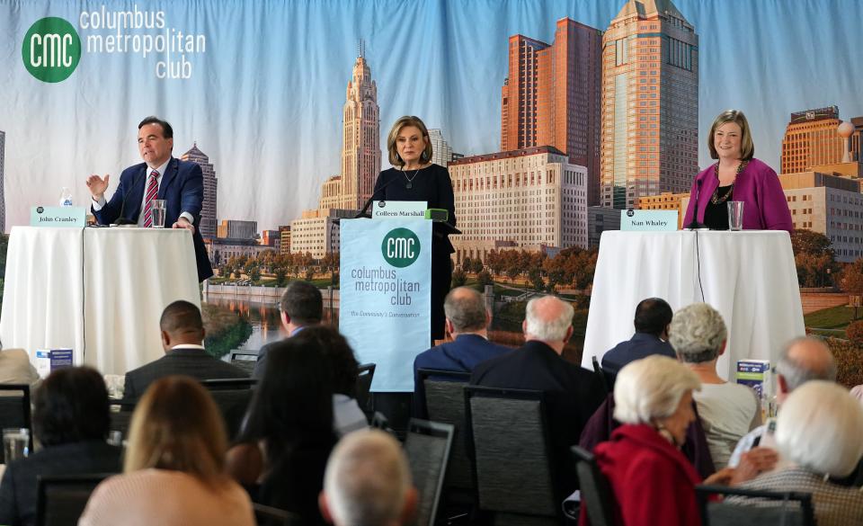 Democratic gubernatorial candidates John Cranley, left, and Nan Whaley, right, debate at the The Boat House at Confluence Park in Columbus, Ohio on Wednesday.
