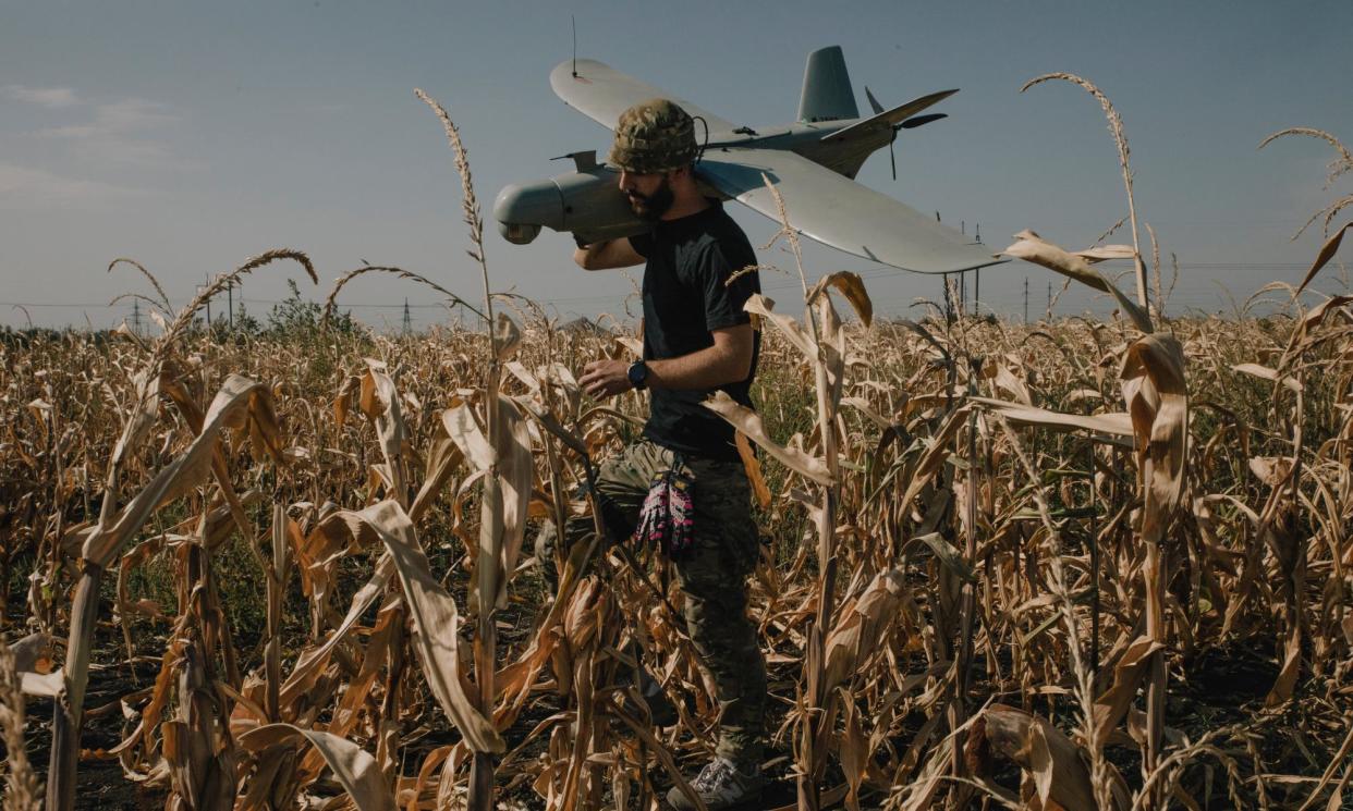 <span>A soldier from the 15th brigade of Ukraine's national guard prepare to launch a surveillance drone near Pokrovsk.</span><span>Photograph: Alessio Mamo/The Guardian</span>