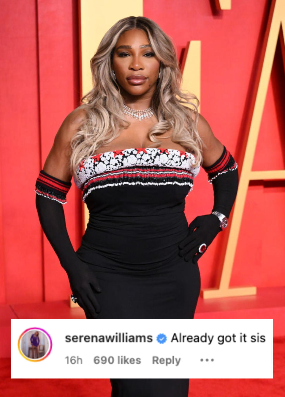 Serena Williams in a black off-shoulder gown with red and white detailing, posing at an event