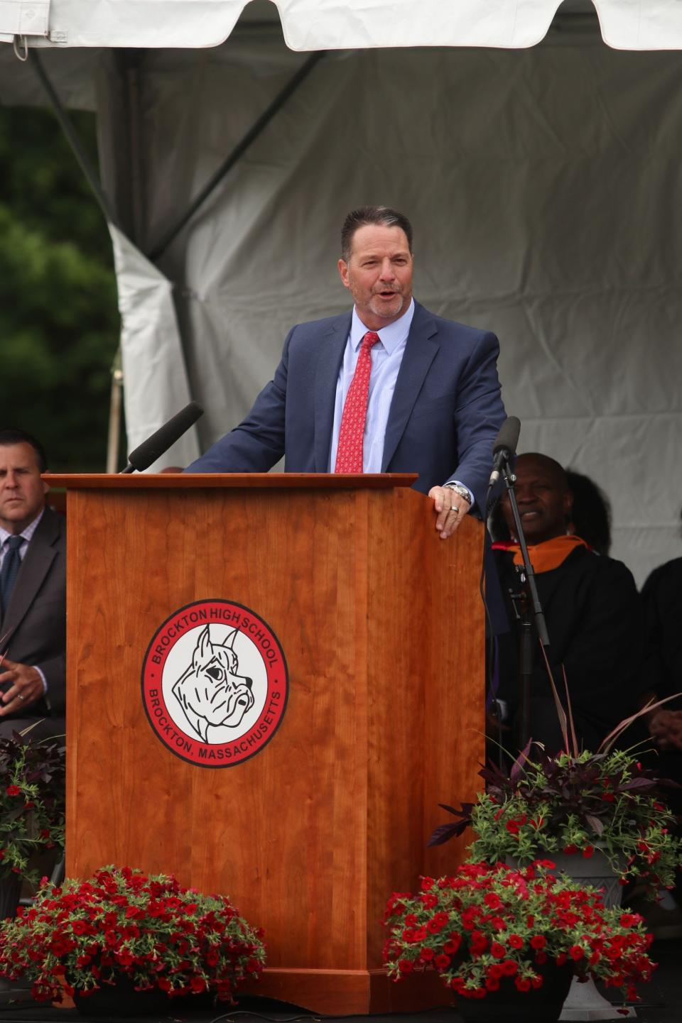 Brockton High School Superintendent Mike Thomas addresses the crowd during the graduation ceremony on Saturday, June 3, 2023.
