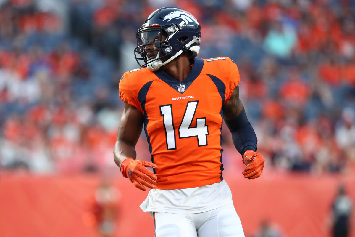 Courtland Sutton of the Denver Broncos lines up on offense against