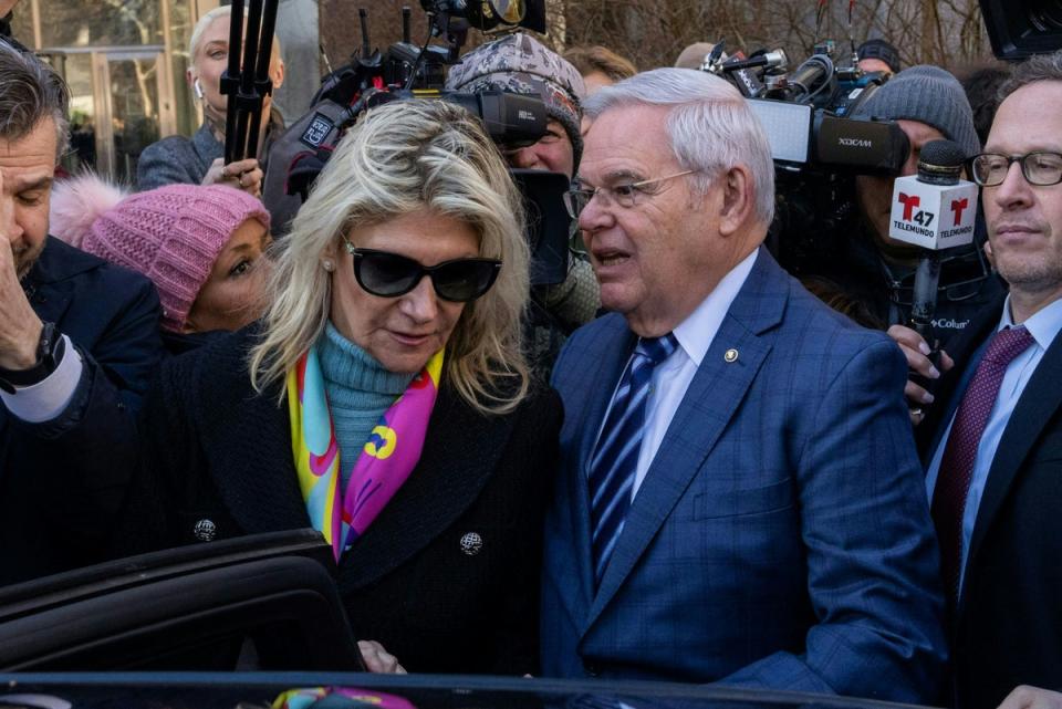 US Senator Bob Menendez (center right), Democrat of New Jersey, leaves with his wife Nadine Menendez the Manhattan Federal Court, in New York City following his arraignment on March 11, 2024 (AFP via Getty Images)